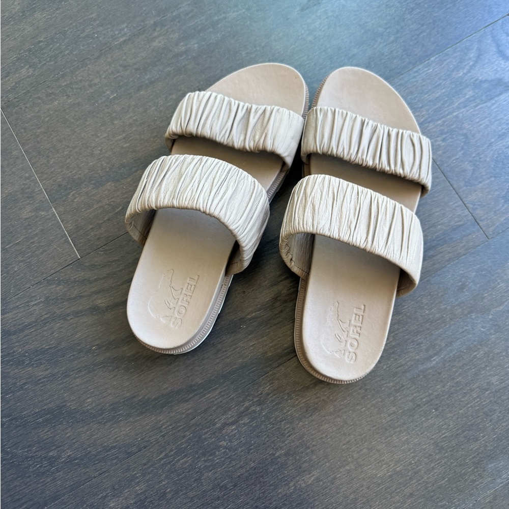 Sorel Women's Ruched Double-Strap Slide Sandals in Tan